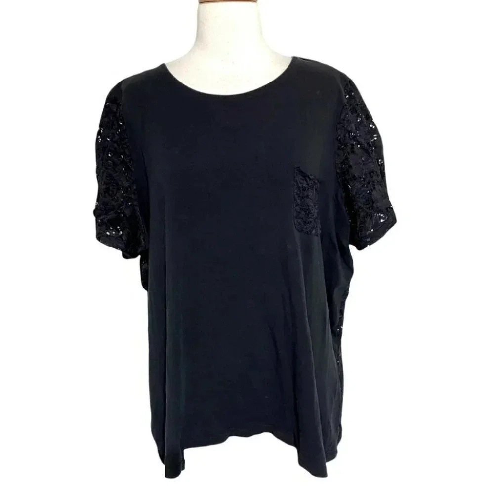 denim & co. 2X black short sleeve with lace‎ back